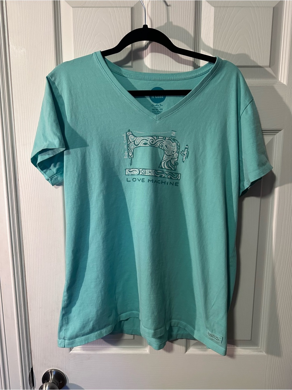 Life Is Good Aqua V-Neck Tee with Sewing Machine Graphic